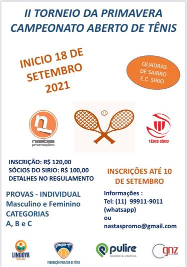 II Torneio da Primavera – Campeonato Aberto de Tênis; confira a seguir:
